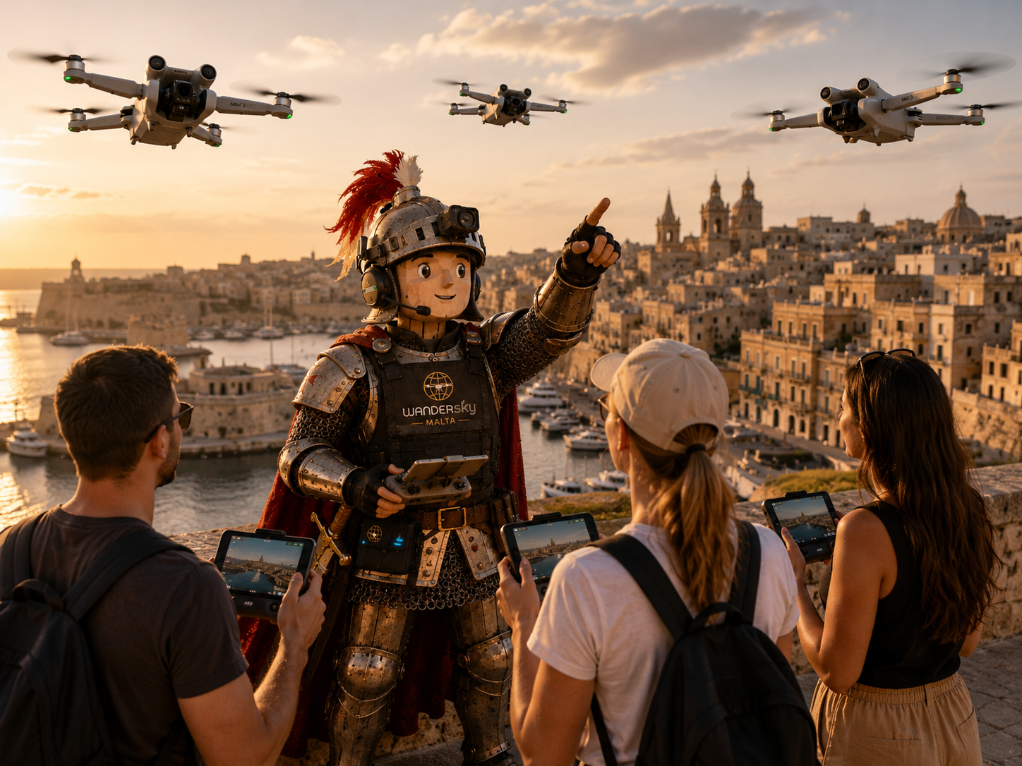 A guided WanderSky drone experience above Malta at golden hour